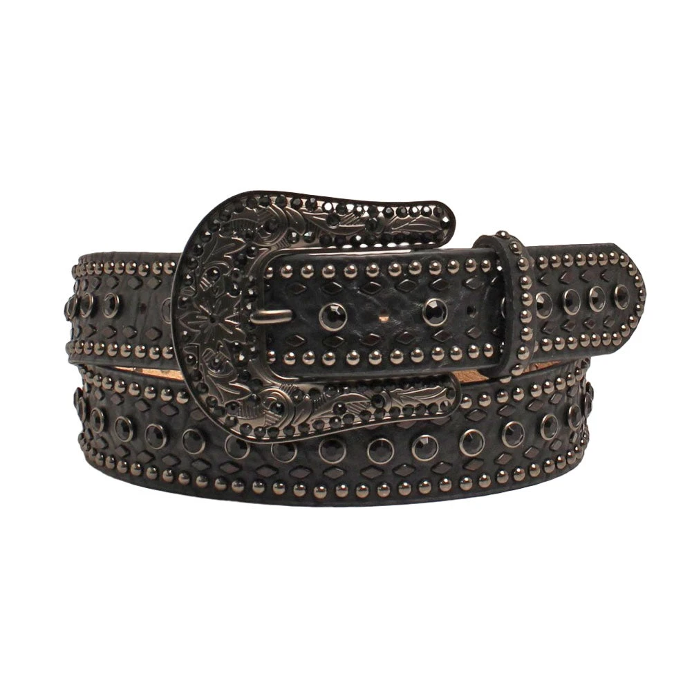 Nocona Rhinestone & Stud Black Leather Womens Belt