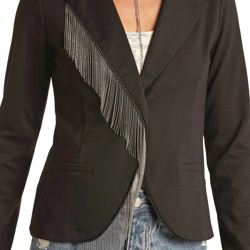 Rock & Roll Cowgirl Women's Asymmetrical Knit Fringe Blazer - Image 2