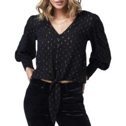 Wrangler Women's Retro Tie Front Poet Sleeve Cropped Blouse