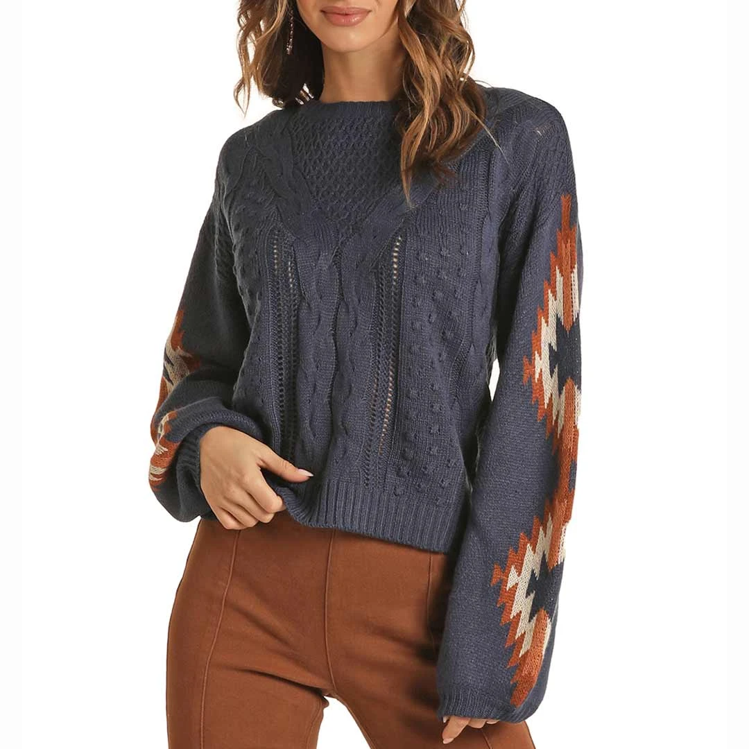 Rock & Roll Cowgirl Women's Aztec Sleeve Knit Sweater