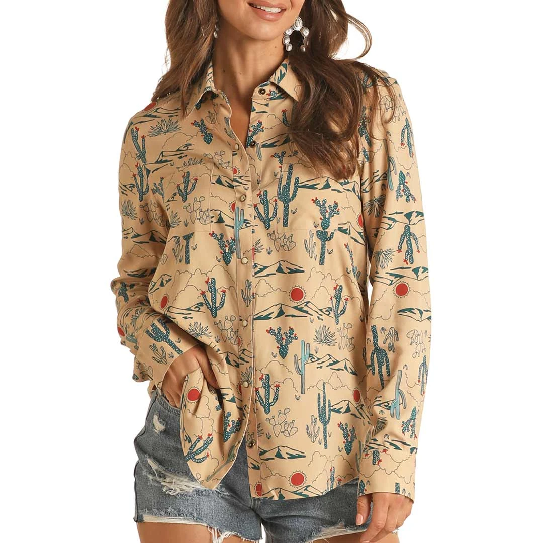 Rock & Roll Cowgirl Women's Desert Cactus Print Snap Shirt
