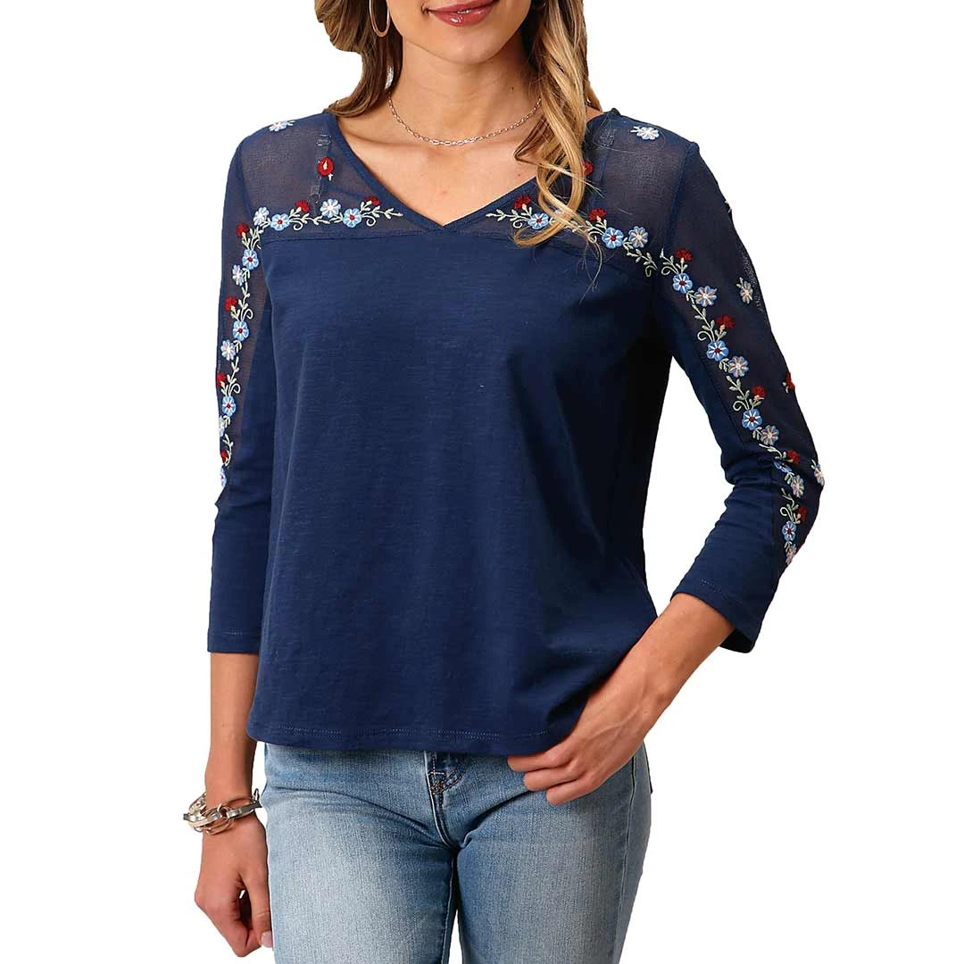 Roper Women's Mesh Embroidered Yoke Blouse