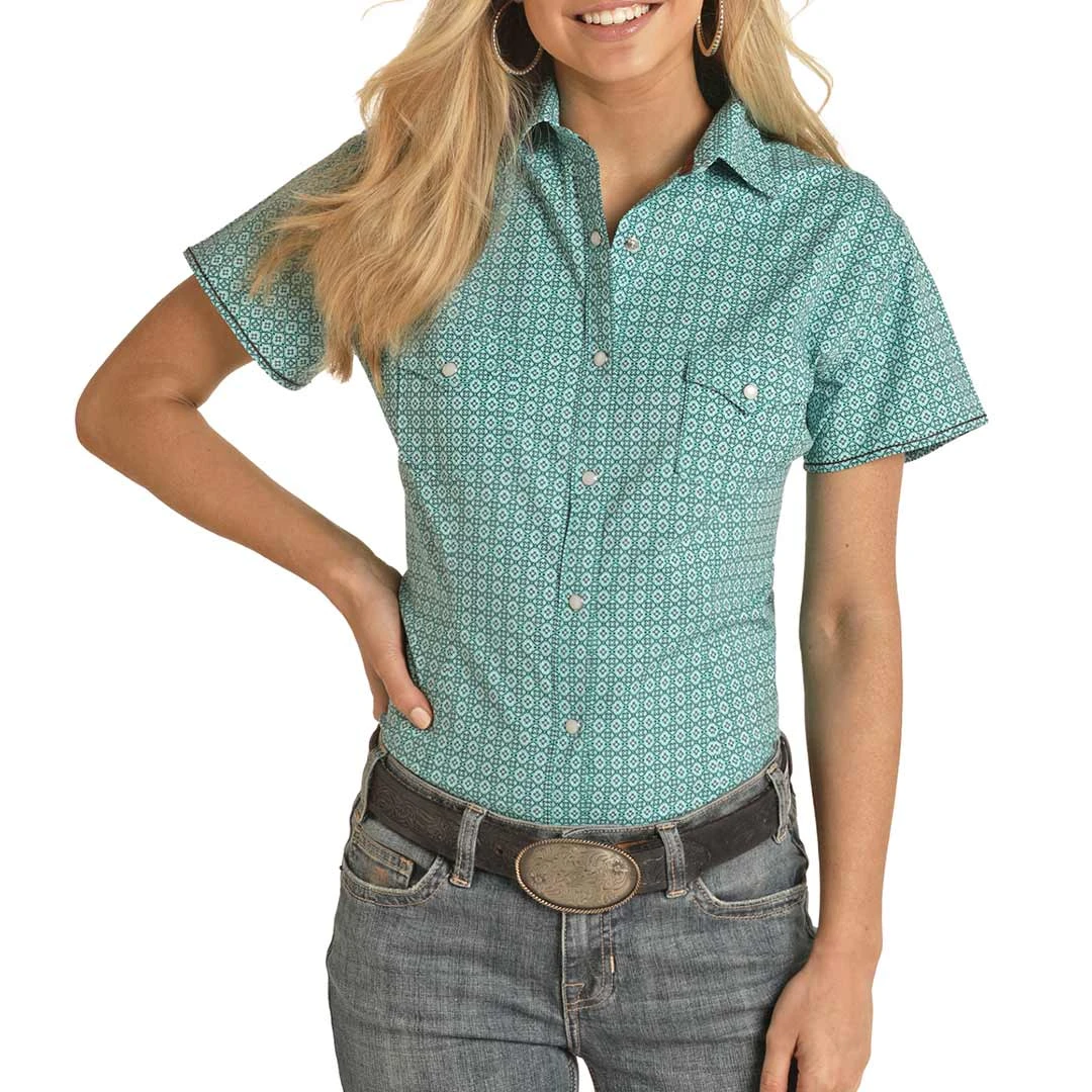 Rough Stock Women's Short Sleeve Medallion Print Snap Shirt